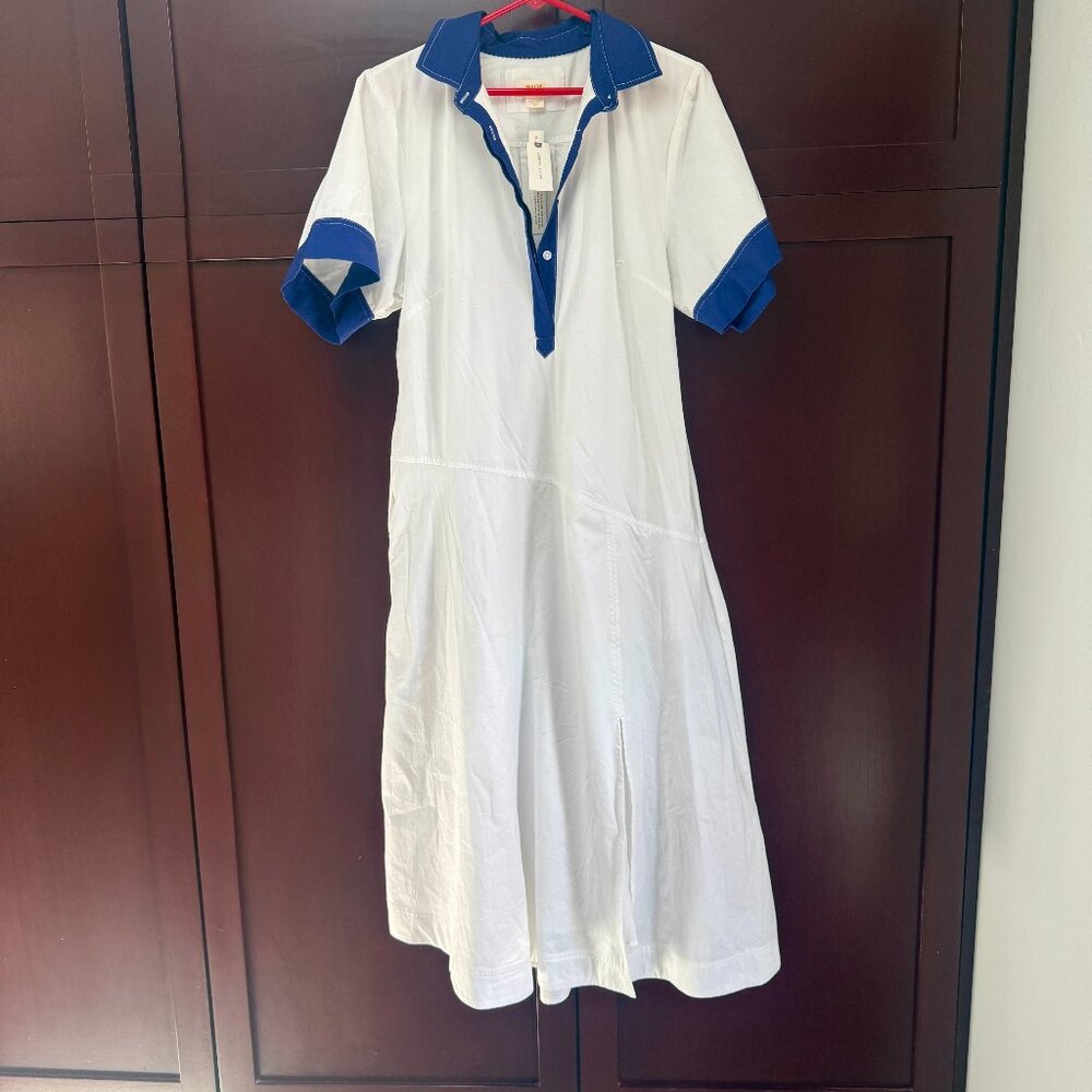 MAEVE NWT Anthropologie Short Sleeve Shirt Dress White with Blue Trim Size M